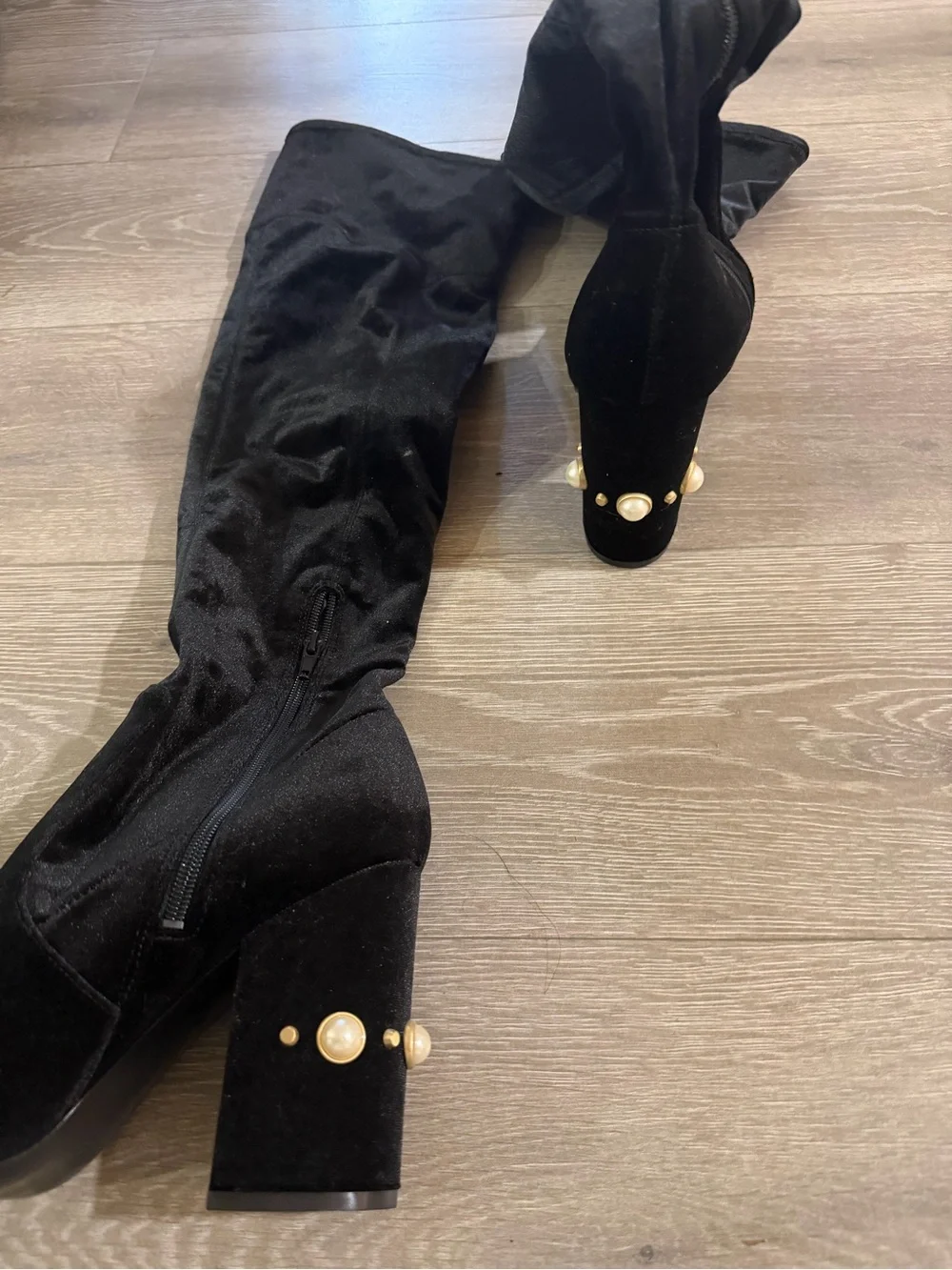 Pearl heel Black Over-the-Knee Velvet Boots with Pearl Stud Heel
